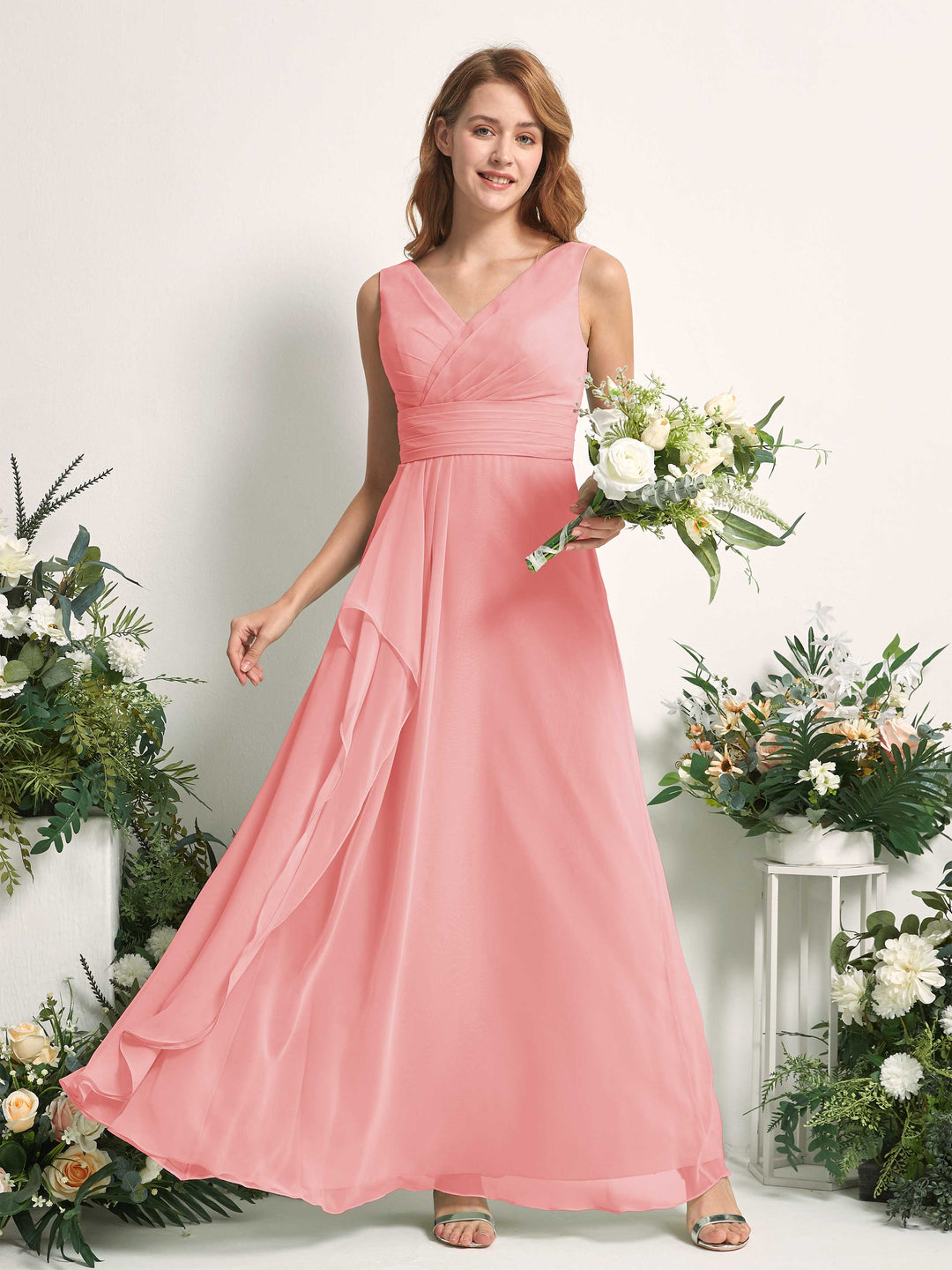 Carlyna A-Linien-Kleid mit V-Ausschnitt und Bodenlanges Brautjungfernkleid Ballettrosa 