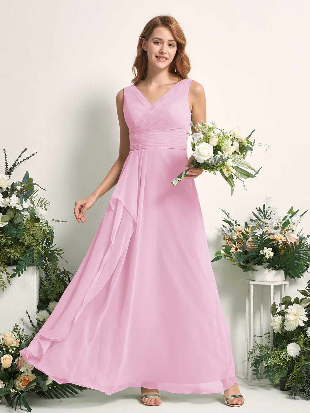 Carlyna A-Linien-Kleid mit V-Ausschnitt und Bodenlanges Brautjungfernkleid Bonbonrosa 