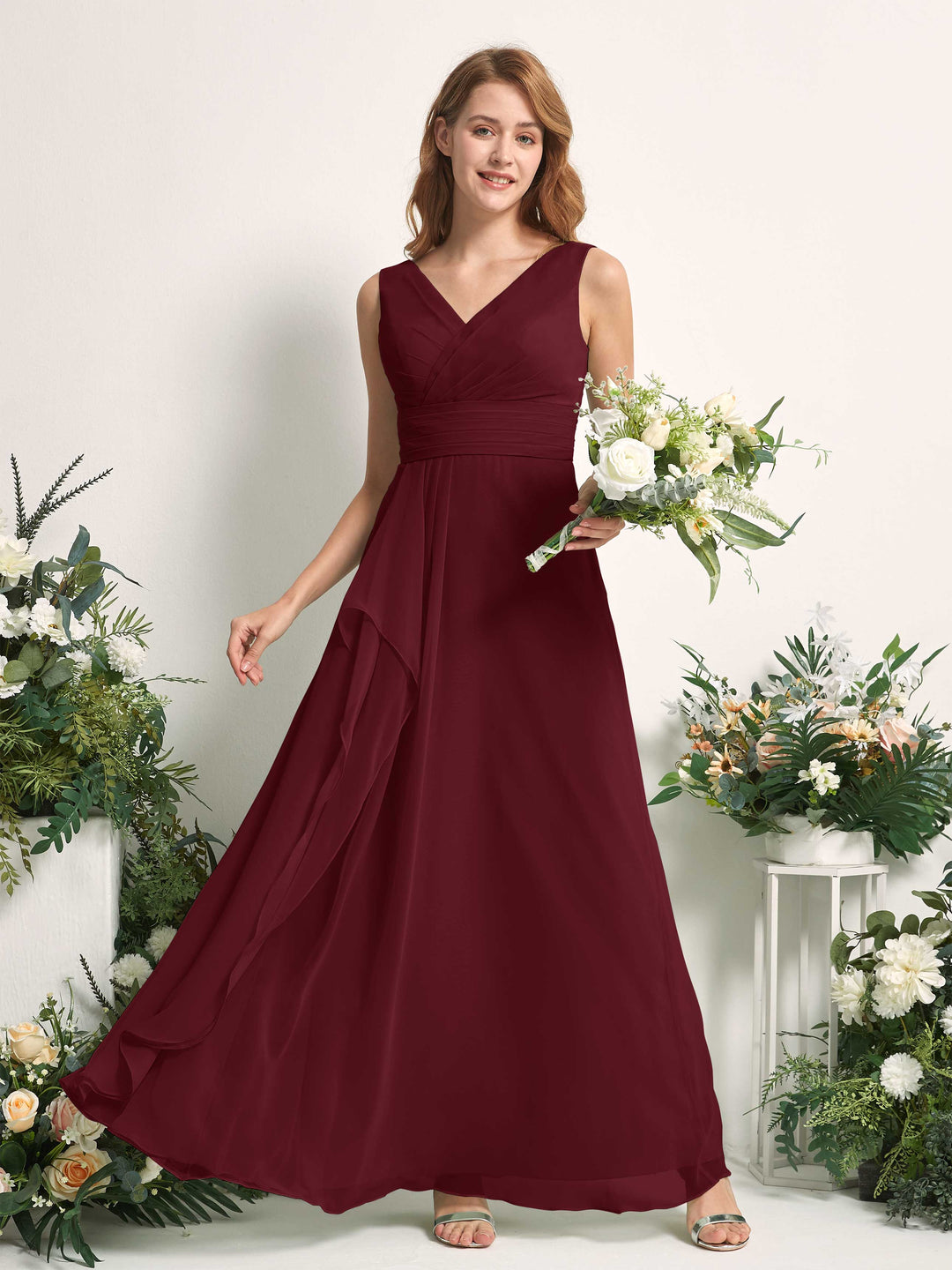 Carlyna A-Linien-Kleid mit V-Ausschnitt und Bodenlanges Brautjungfernkleid Burgunderrot 