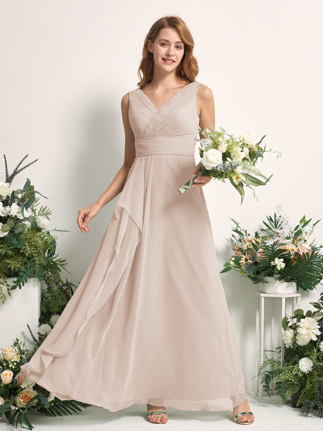Carlyna A-Linien-Kleid mit V-Ausschnitt und Bodenlanges Brautjungfernkleid Champagner 