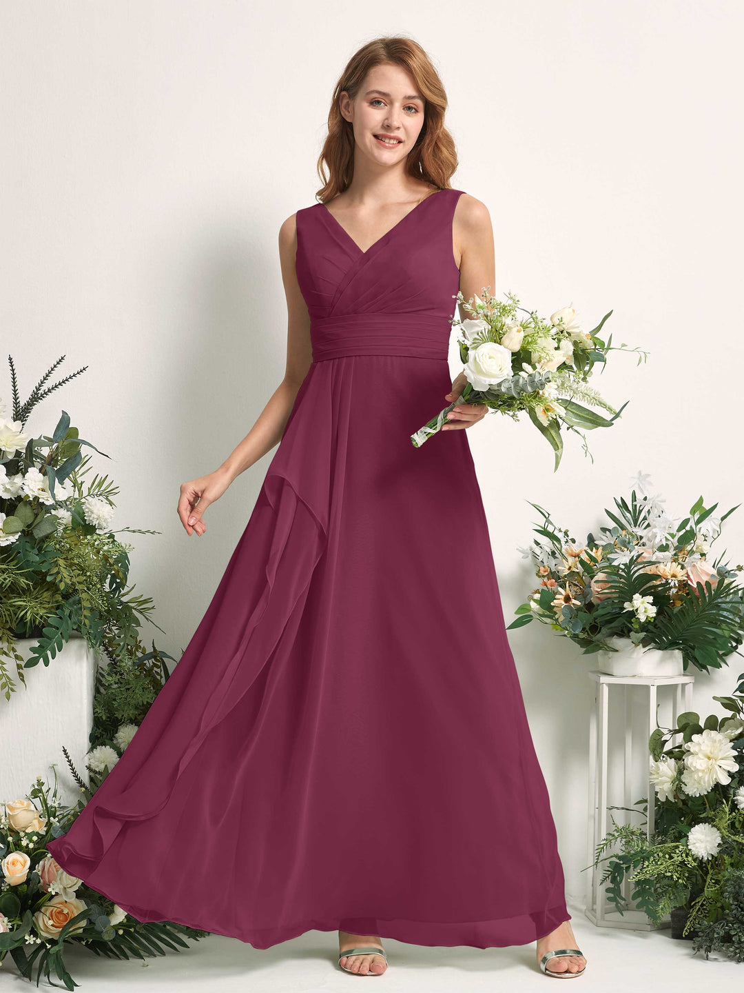 Carlyna A-Linien-Kleid mit V-Ausschnitt und Bodenlanges Brautjungfernkleid Chianti 