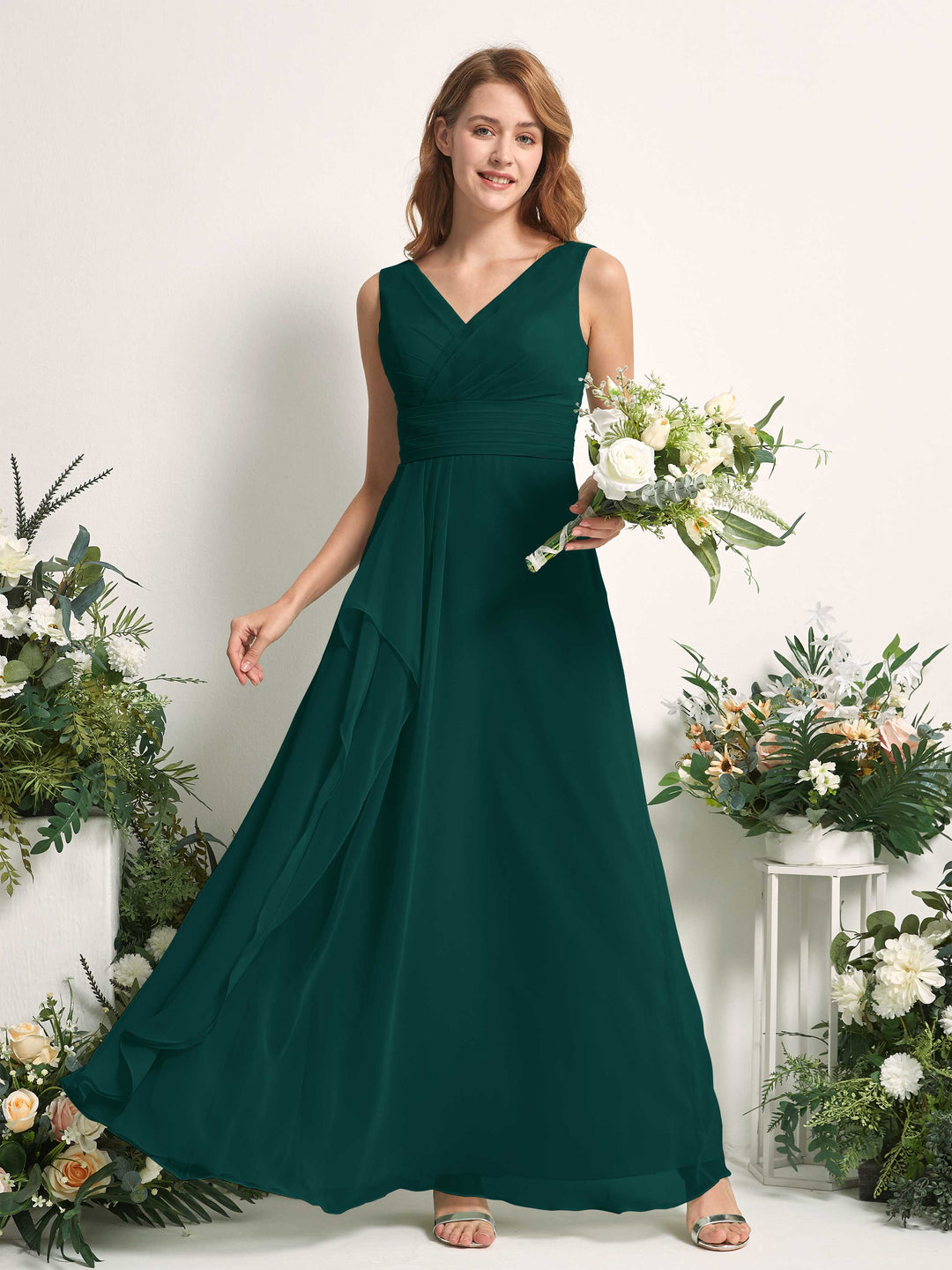 Carlyna A-Linien-Kleid mit V-Ausschnitt und Bodenlanges Brautjungfernkleid Dunkelsmaragd 