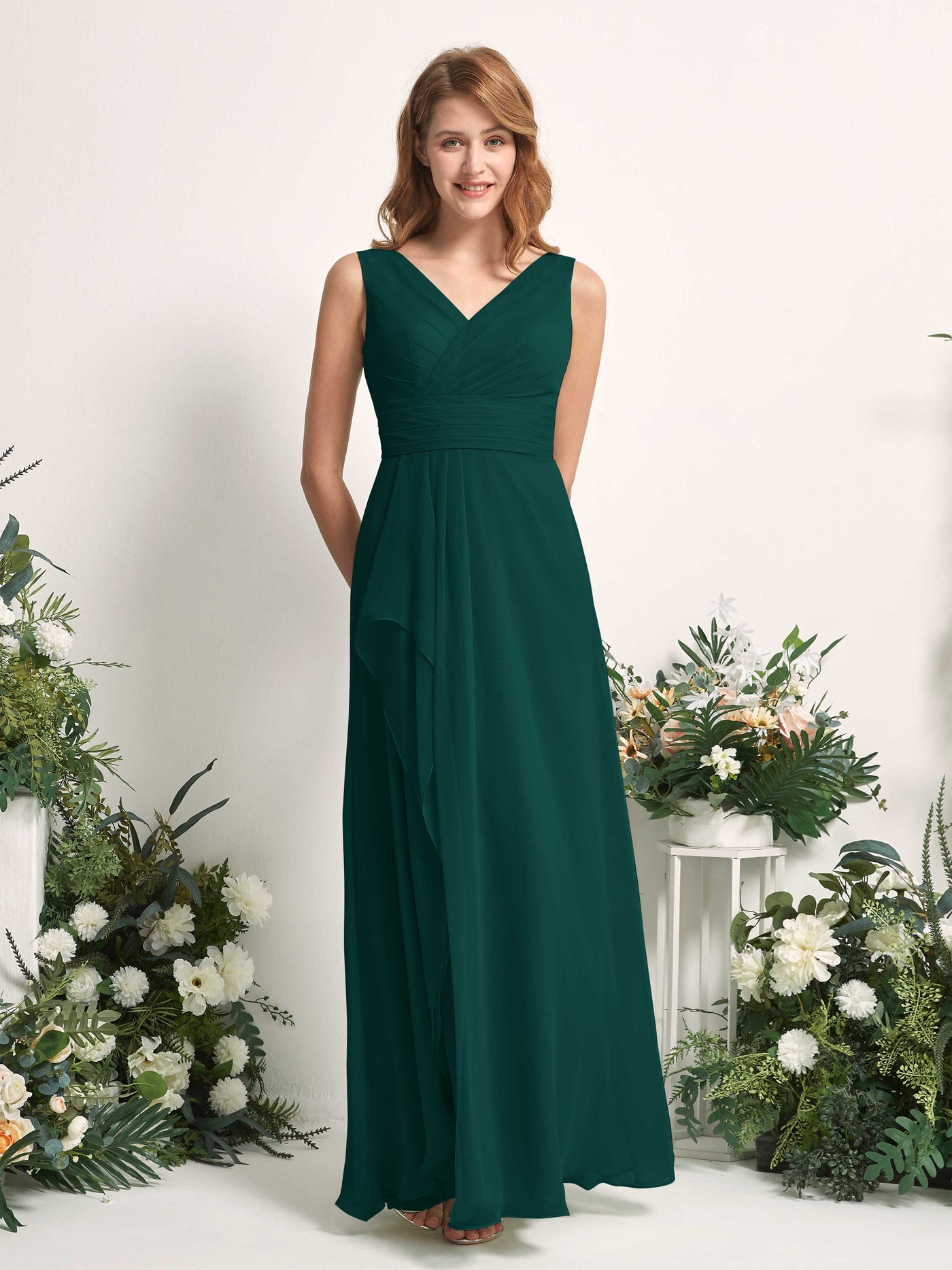 Carlyna A-Linien-Kleid mit V-Ausschnitt und Bodenlanges Brautjungfernkleid Dunkelsmaragd #farbe_dunkelsmaragd