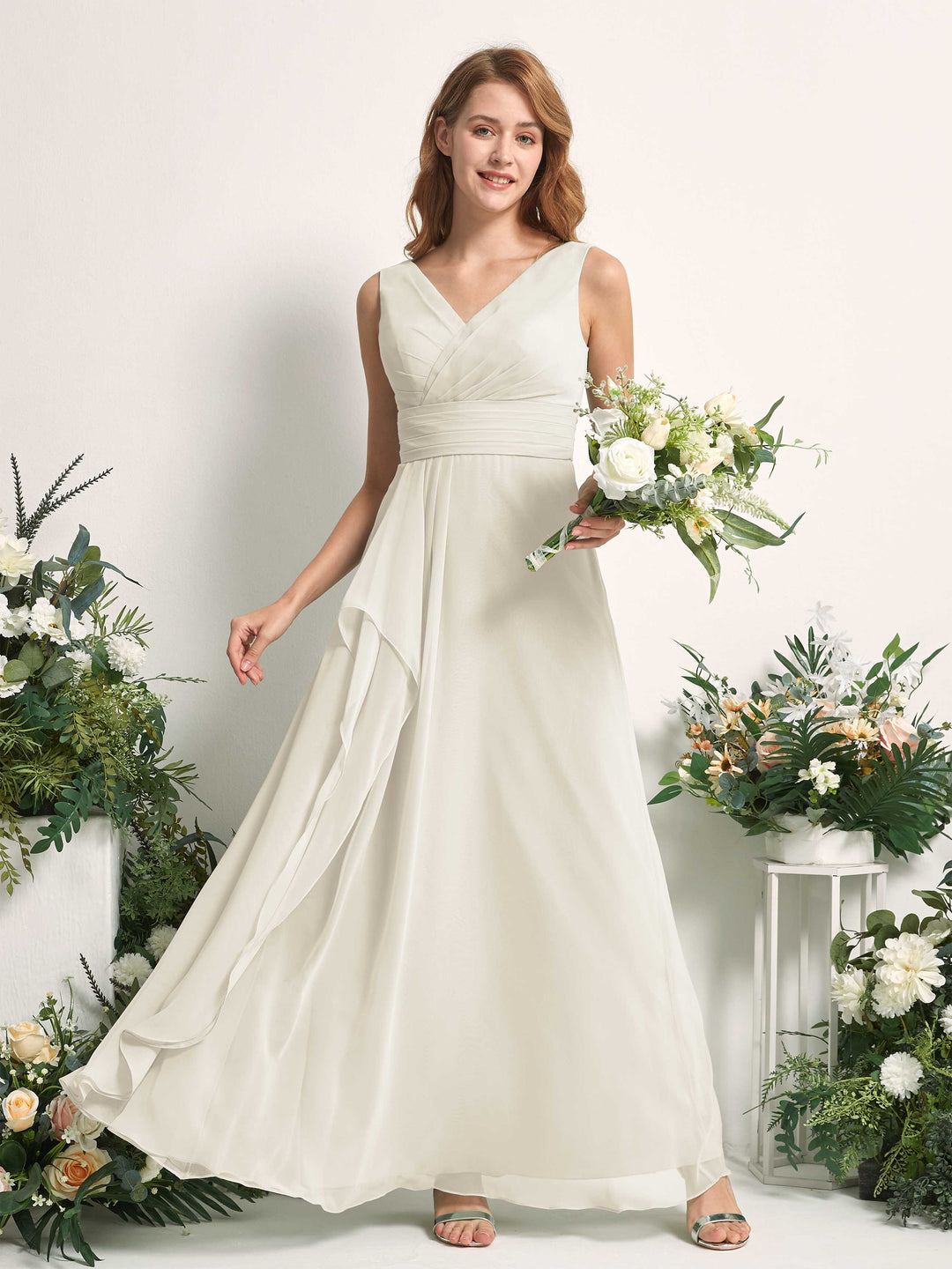 Carlyna A-Linien-Kleid mit V-Ausschnitt und Bodenlanges Brautjungfernkleid Elfenbein 