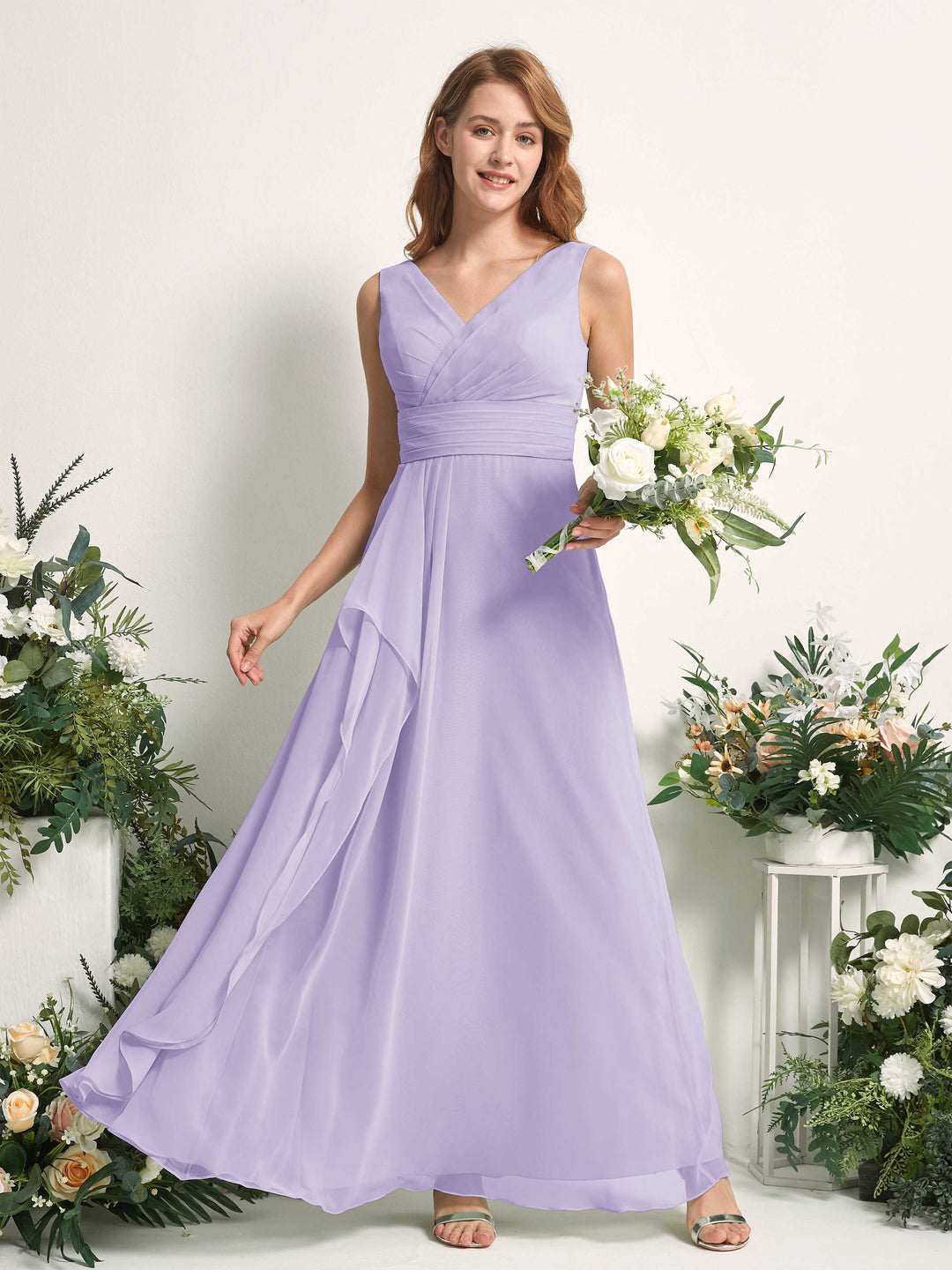 Carlyna A-Linien-Kleid mit V-Ausschnitt und Bodenlanges Brautjungfernkleid Flieder 