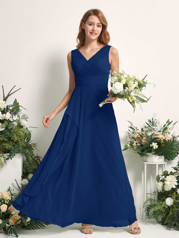 Carlyna A-Linien-Kleid mit V-Ausschnitt und Bodenlanges Brautjungfernkleid Königsblau 