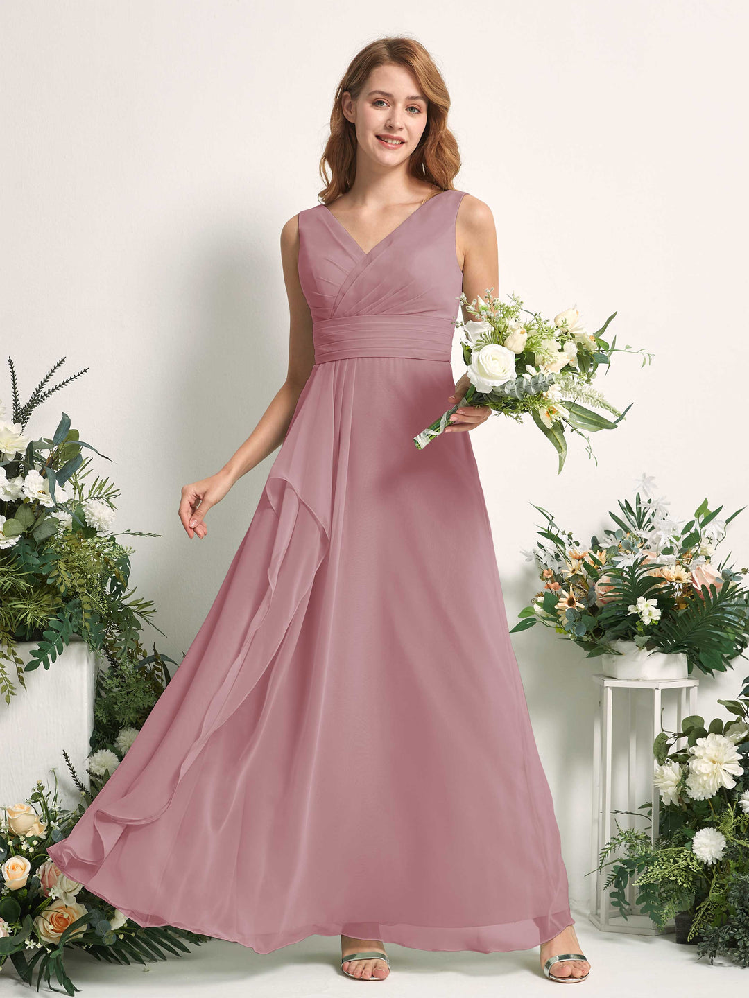Carlyna A-Linien-Kleid mit V-Ausschnitt und Bodenlanges Brautjungfernkleid Klassisch Mauve 