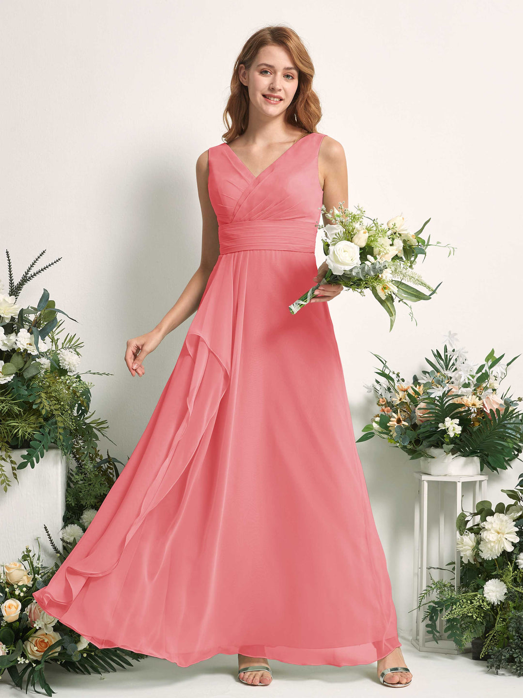 Carlyna A-Linien-Kleid mit V-Ausschnitt und Bodenlanges Brautjungfernkleid Korallenrosa 