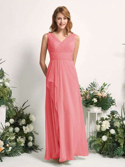 Carlyna A-Linien-Kleid mit V-Ausschnitt und Bodenlanges Brautjungfernkleid Korallenrosa #farbe_korallenrosa