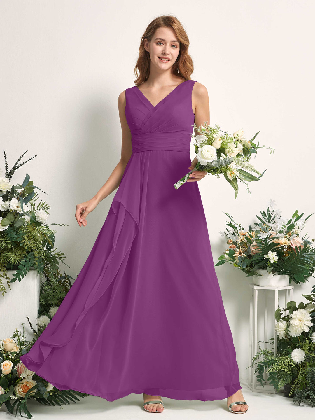 Carlyna A-Linien-Kleid mit V-Ausschnitt und Bodenlanges Brautjungfernkleid Lila 