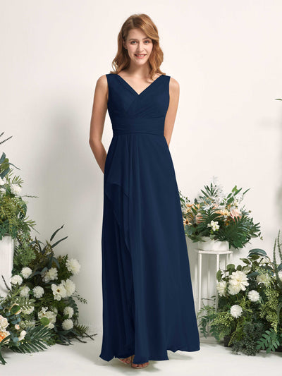 Carlyna A-Linien-Kleid mit V-Ausschnitt und Bodenlanges Brautjungfernkleid Marineblau #farbe_marineblau