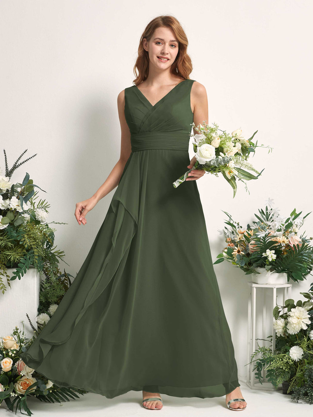 Carlyna A-Linien-Kleid mit V-Ausschnitt und Bodenlanges Brautjungfernkleid Martini-Olive 