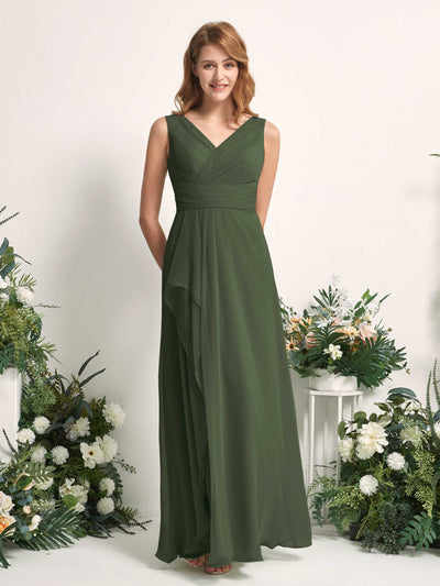 Carlyna A-Linien-Kleid mit V-Ausschnitt und Bodenlanges Brautjungfernkleid Martini-Olive #farbe_martini-olive