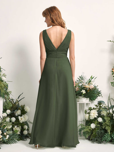 Carlyna A-Linien-Kleid mit V-Ausschnitt und Bodenlanges Brautjungfernkleid Martini-Olive #farbe_martini-olive