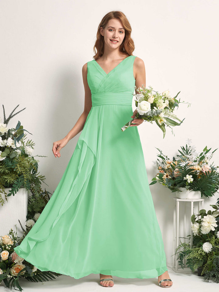 Carlyna A-Linien-Kleid mit V-Ausschnitt und Bodenlanges Brautjungfernkleid Minzgrün 