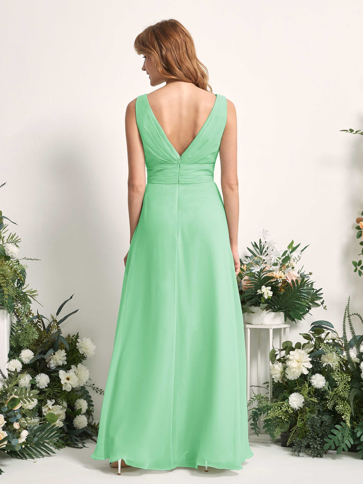 Carlyna A-Linien-Kleid mit V-Ausschnitt und Bodenlanges Brautjungfernkleid Minzgrün #farbe_minzgr-n