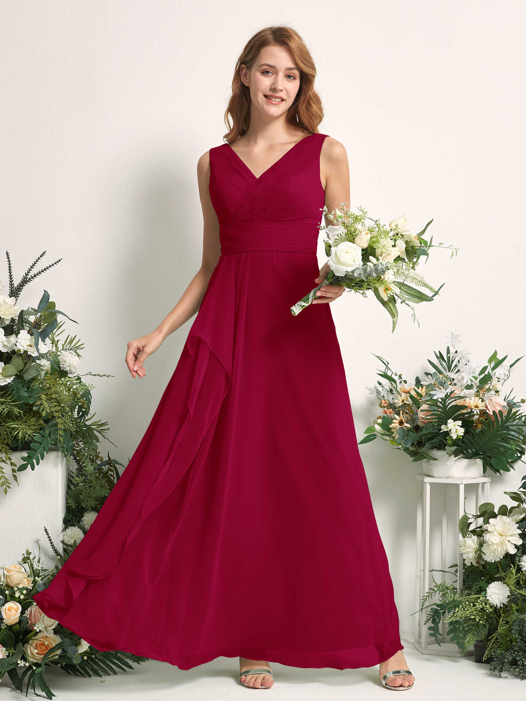 Carlyna A-Linien-Kleid mit V-Ausschnitt und Bodenlanges Brautjungfernkleid Narrenrot 