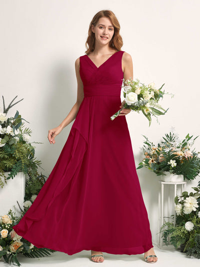 Carlyna A-Linien-Kleid mit V-Ausschnitt und Bodenlanges Brautjungfernkleid Narrenrot #farbe_narrenrot