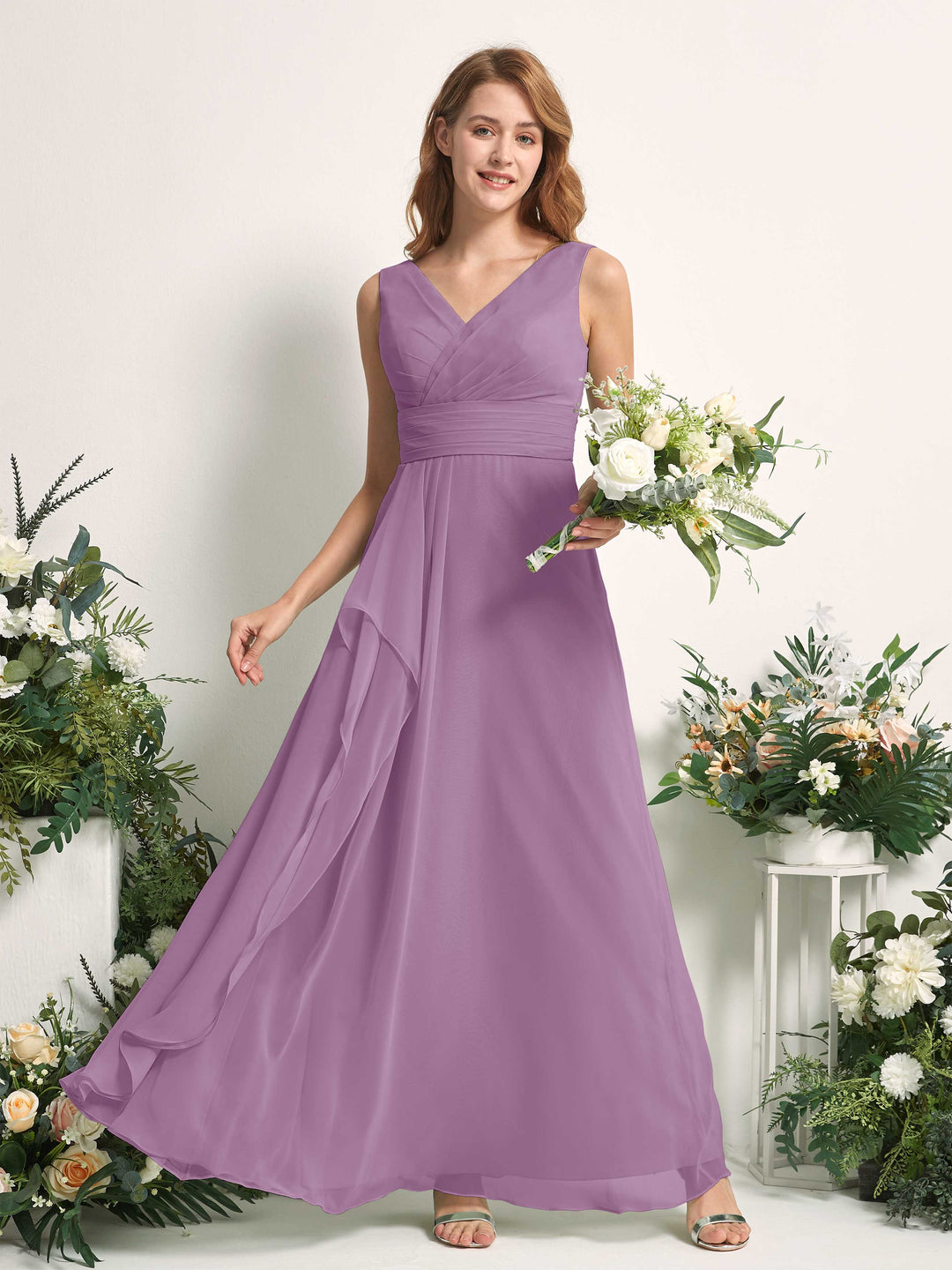 Carlyna A-Linien-Kleid mit V-Ausschnitt und Bodenlanges Brautjungfernkleid Orchideen-Nebel 