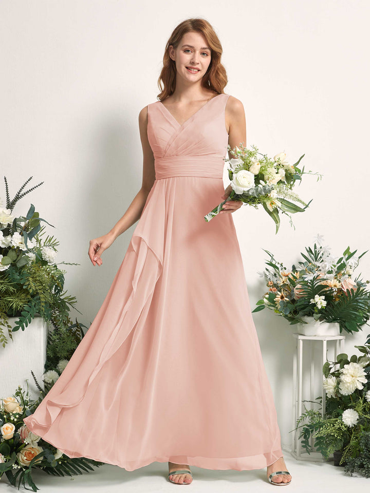 Carlyna A-Linien-Kleid mit V-Ausschnitt und Bodenlanges Brautjungfernkleid Perlrosa 