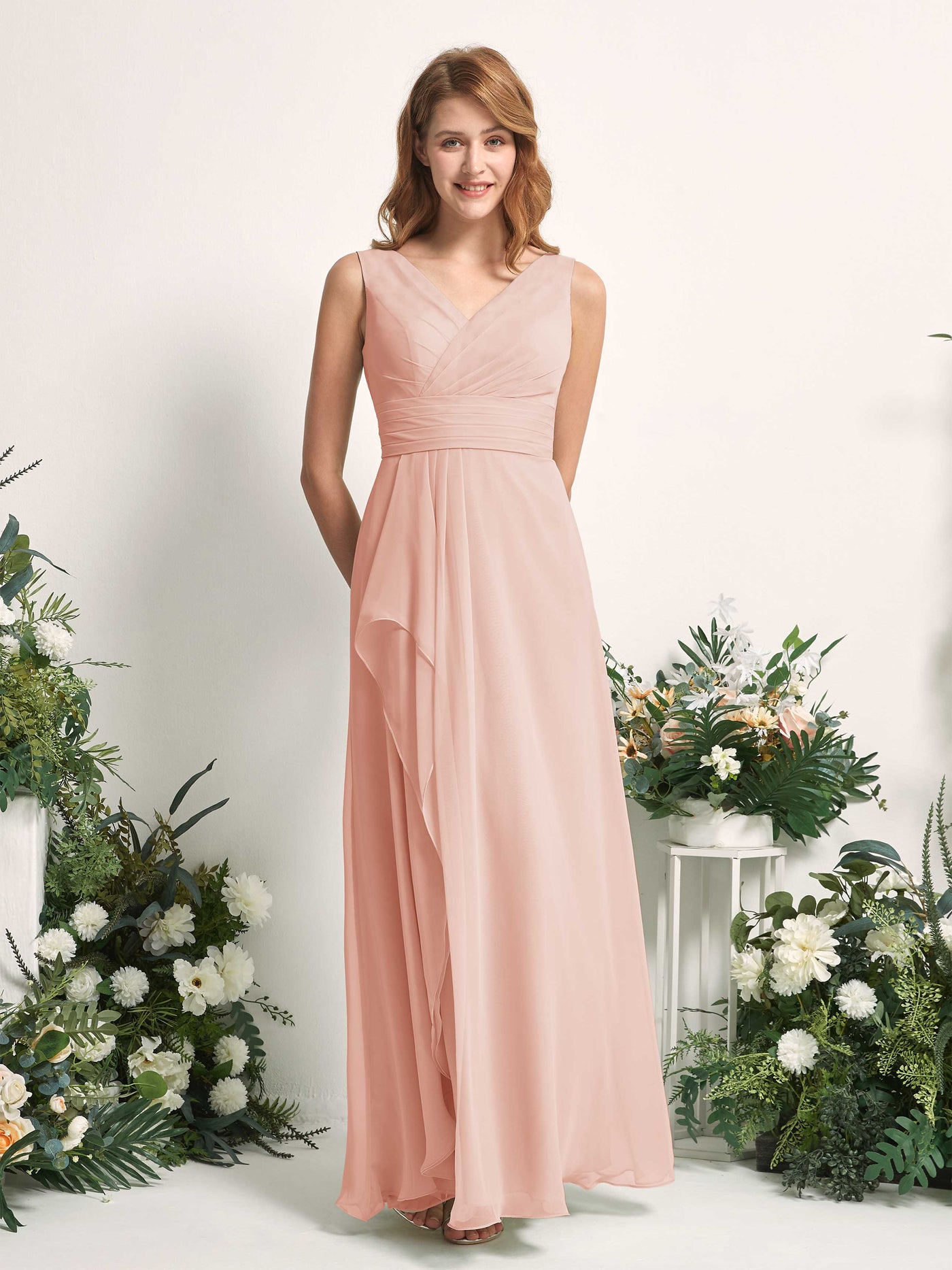 Carlyna A-Linien-Kleid mit V-Ausschnitt und Bodenlanges Brautjungfernkleid Perlrosa #farbe_perlrosa
