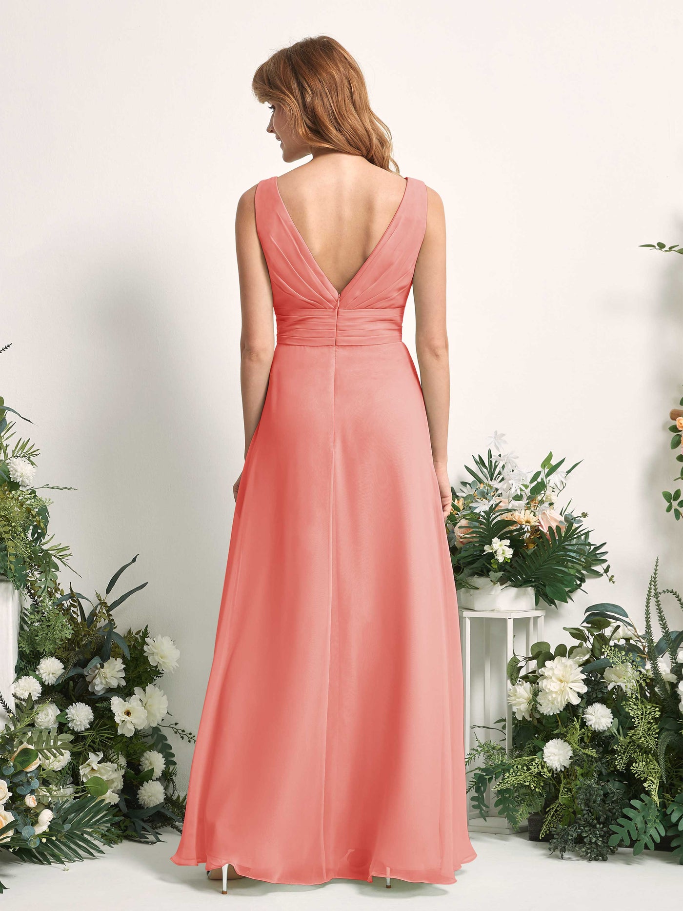 Carlyna A-Linien-Kleid mit V-Ausschnitt und Bodenlanges Brautjungfernkleid Pfirsichrosa #farbe_pfirsichrosa