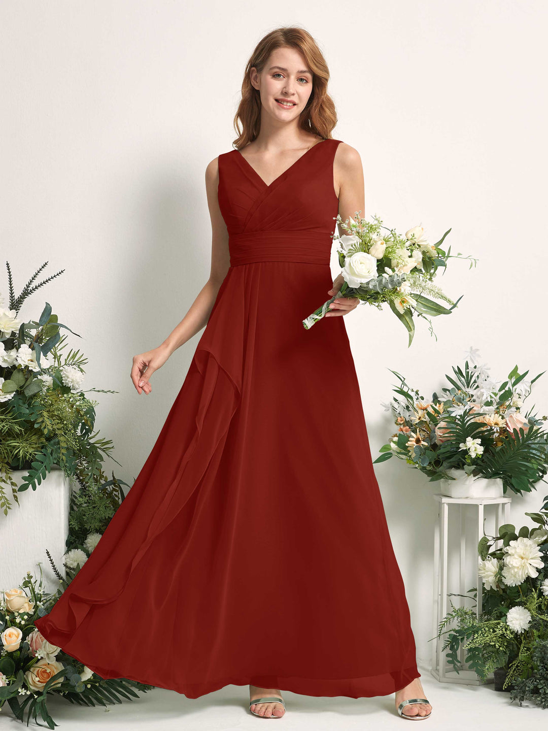 Carlyna A-Linien-Kleid mit V-Ausschnitt und Bodenlanges Brautjungfernkleid Rostrot 