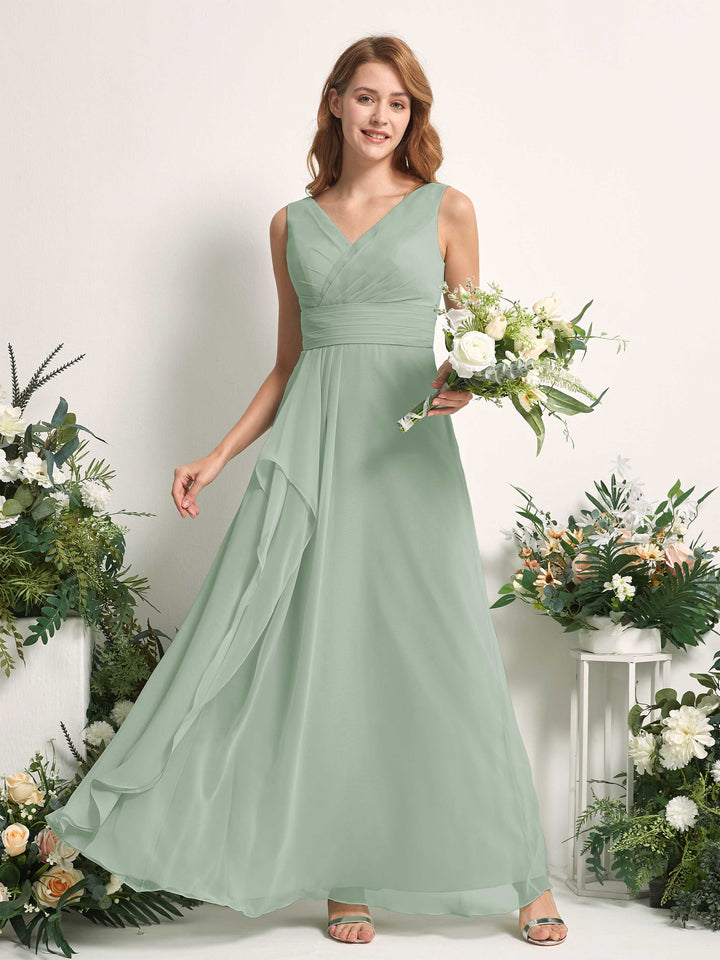 Carlyna A-Linien-Kleid mit V-Ausschnitt und Bodenlanges Brautjungfernkleid Salbeigrün 