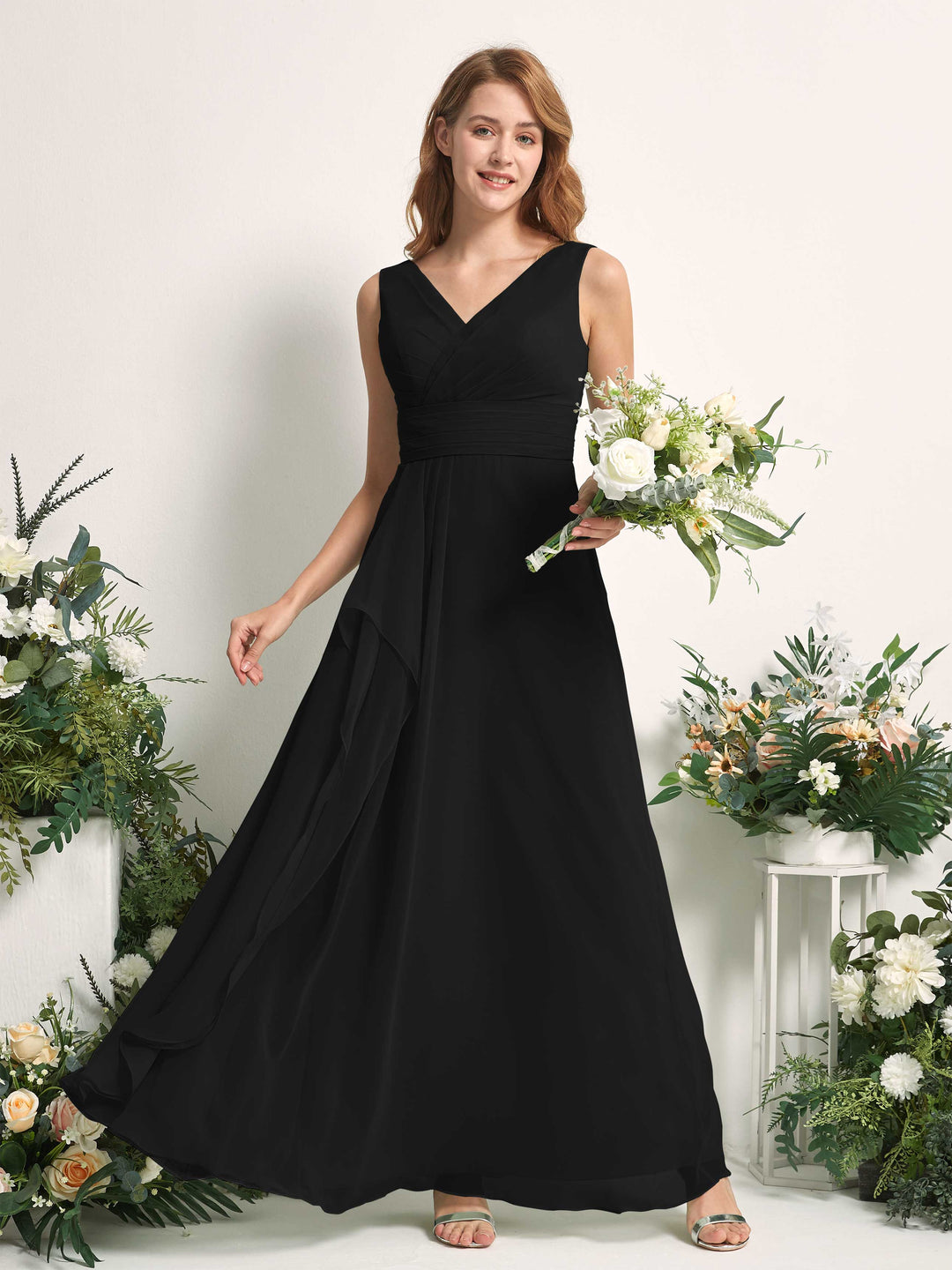 Carlyna A-Linien-Kleid mit V-Ausschnitt und Bodenlanges Brautjungfernkleid Schwarz 