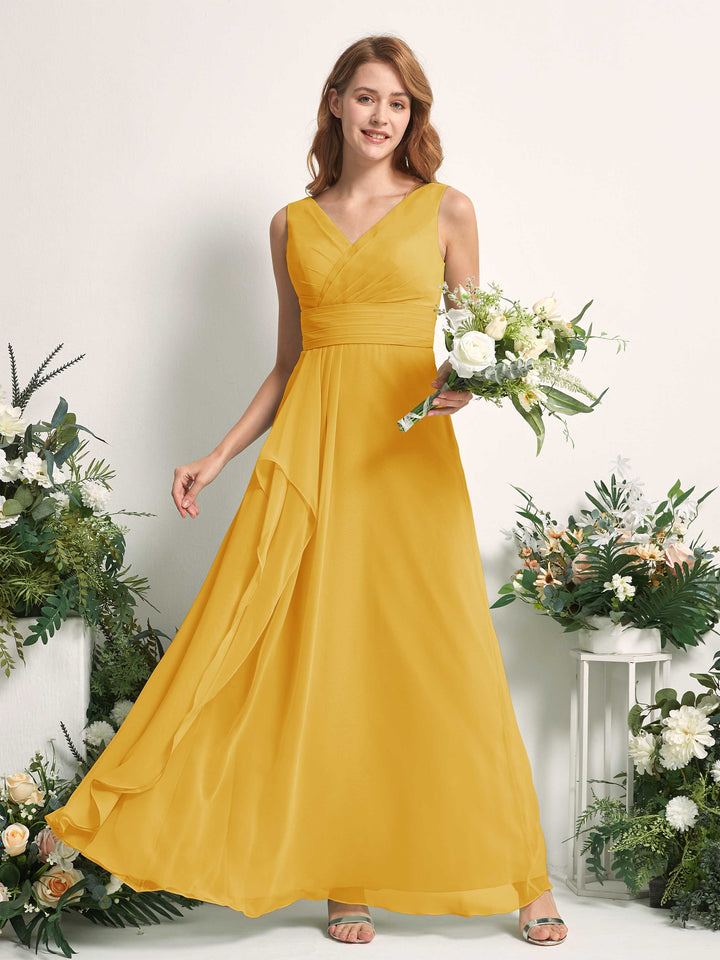 Carlyna A-Linien-Kleid mit V-Ausschnitt und Bodenlanges Brautjungfernkleid Senfgelb 
