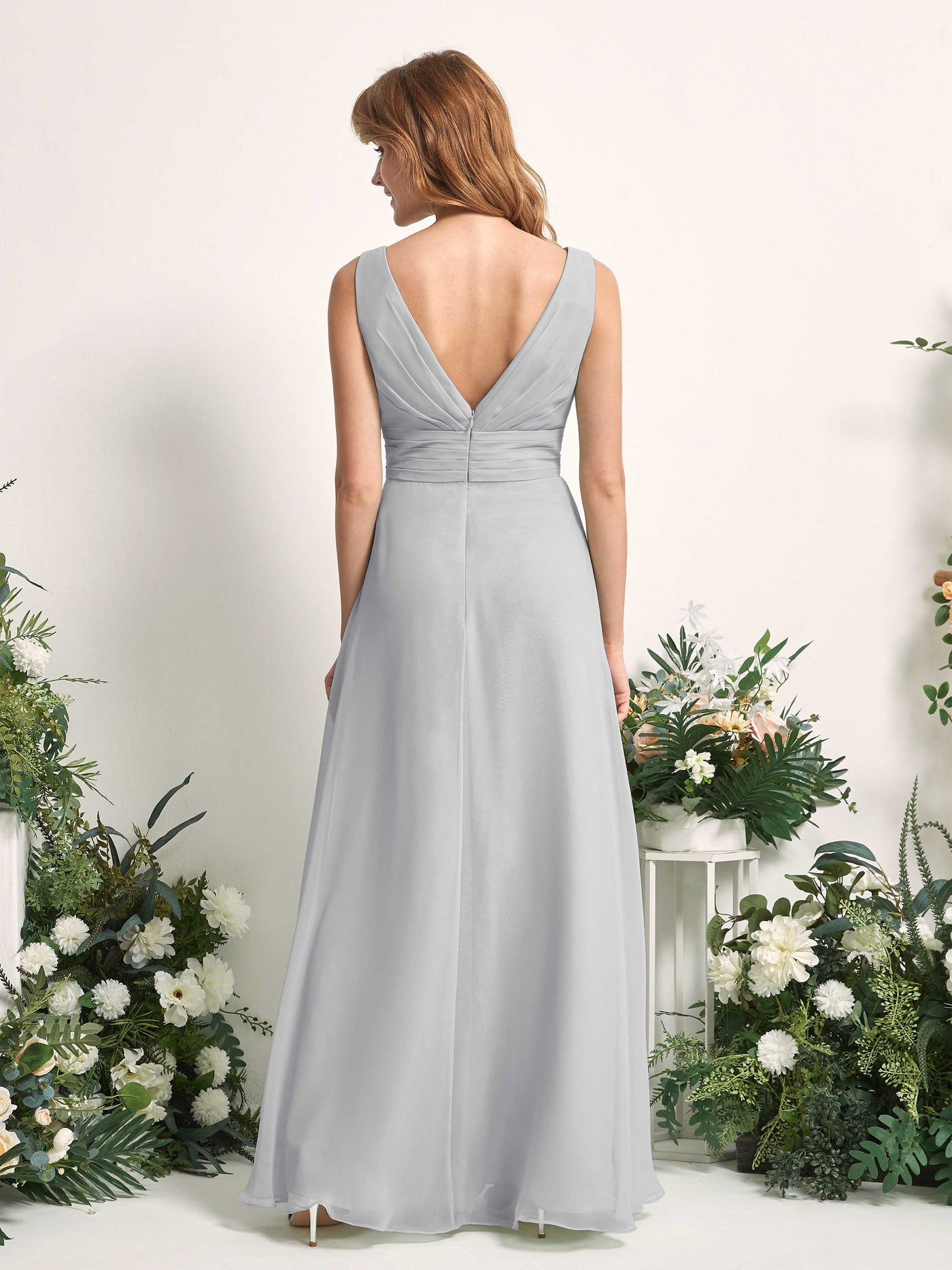 Carlyna A-Linien-Kleid mit V-Ausschnitt und Bodenlanges Brautjungfernkleid Silber #farbe_silber