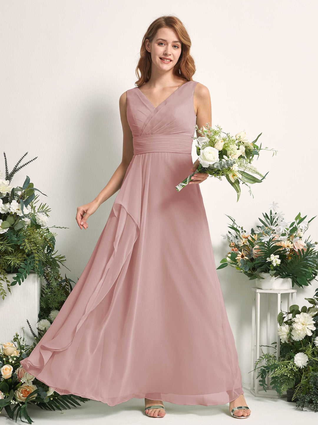 Carlyna A-Linien-Kleid mit V-Ausschnitt und Bodenlanges Brautjungfernkleid Staubige Rose 