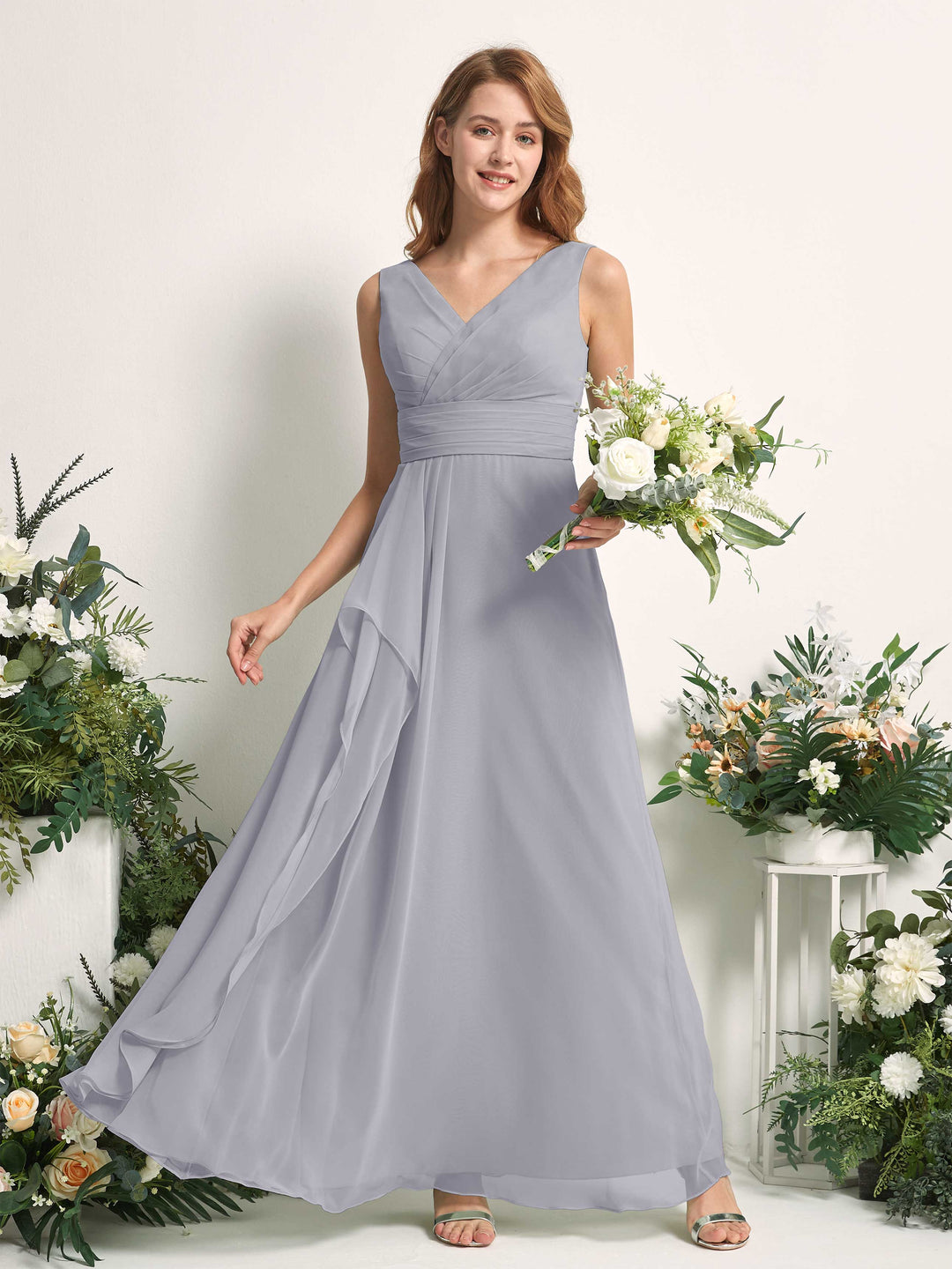 Carlyna A-Linien-Kleid mit V-Ausschnitt und Bodenlanges Brautjungfernkleid Staubiger Lavendel 