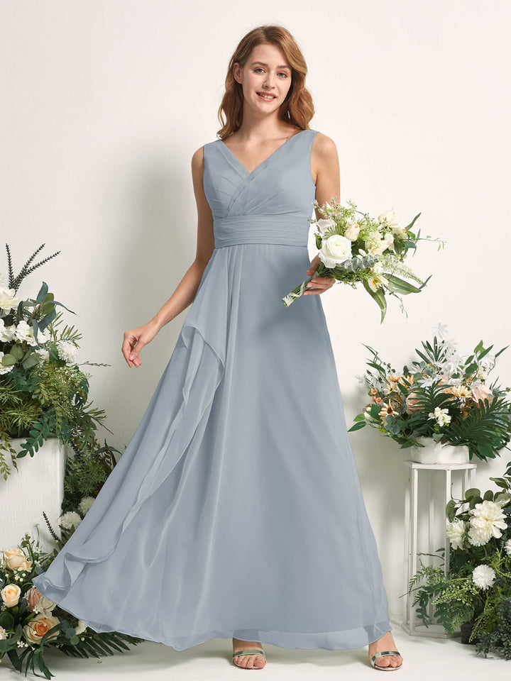 Carlyna A-Linien-Kleid mit V-Ausschnitt und Bodenlanges Brautjungfernkleid Staubiges Blau-Upgrade 