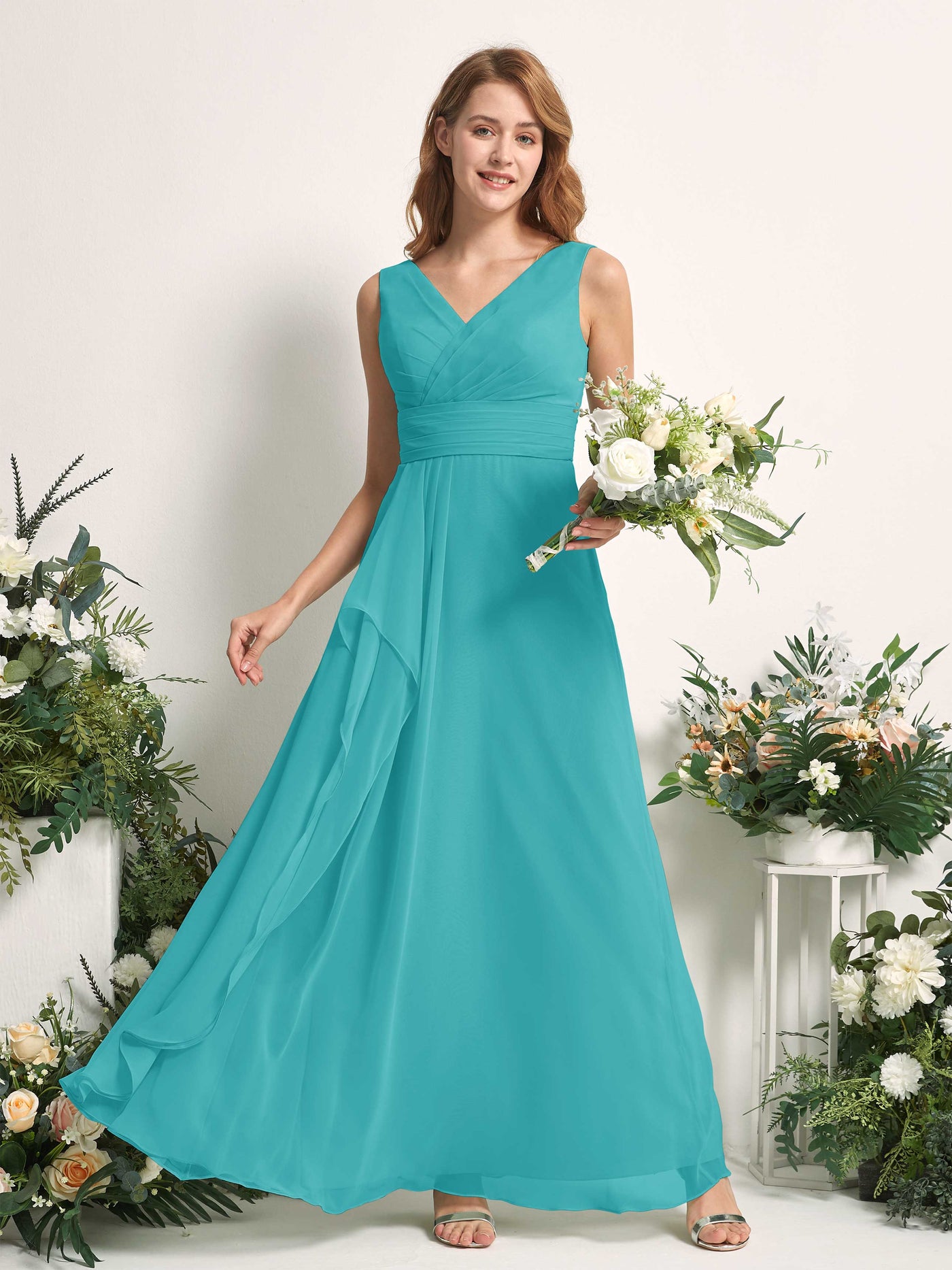 Carlyna A-Linien-Kleid mit V-Ausschnitt und Bodenlanges Brautjungfernkleid Türkis #farbe_t-rkis