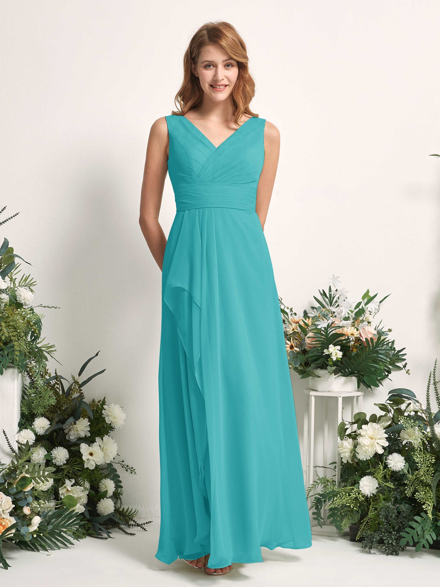 Carlyna A-Linien-Kleid mit V-Ausschnitt und Bodenlanges Brautjungfernkleid Türkis #farbe_t-rkis