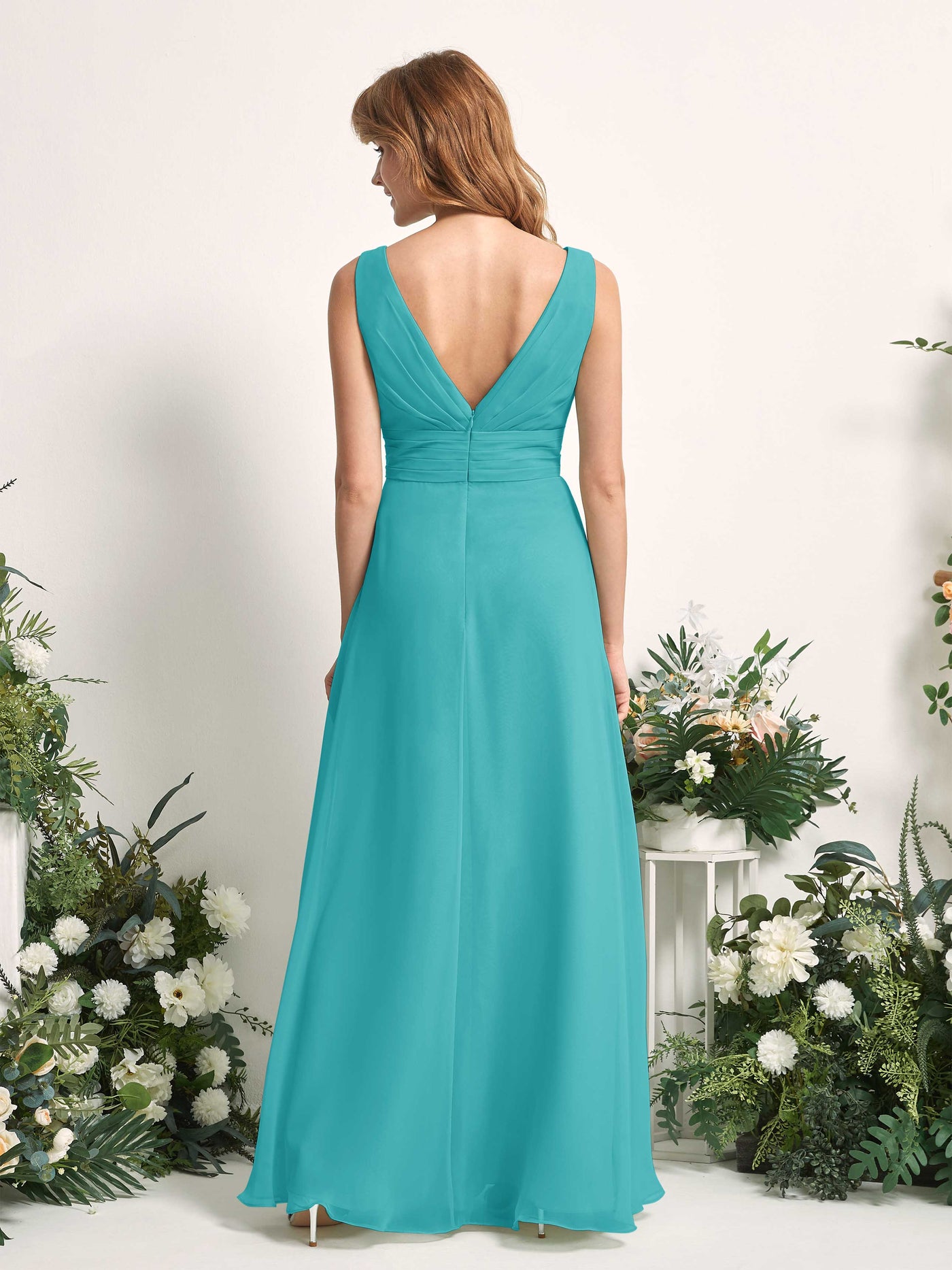 Carlyna A-Linien-Kleid mit V-Ausschnitt und Bodenlanges Brautjungfernkleid Türkis #farbe_t-rkis