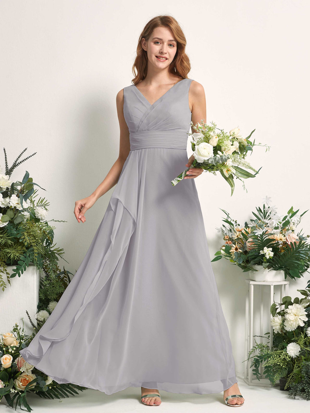 Carlyna A-Linien-Kleid mit V-Ausschnitt und Bodenlanges Brautjungfernkleid Taube 