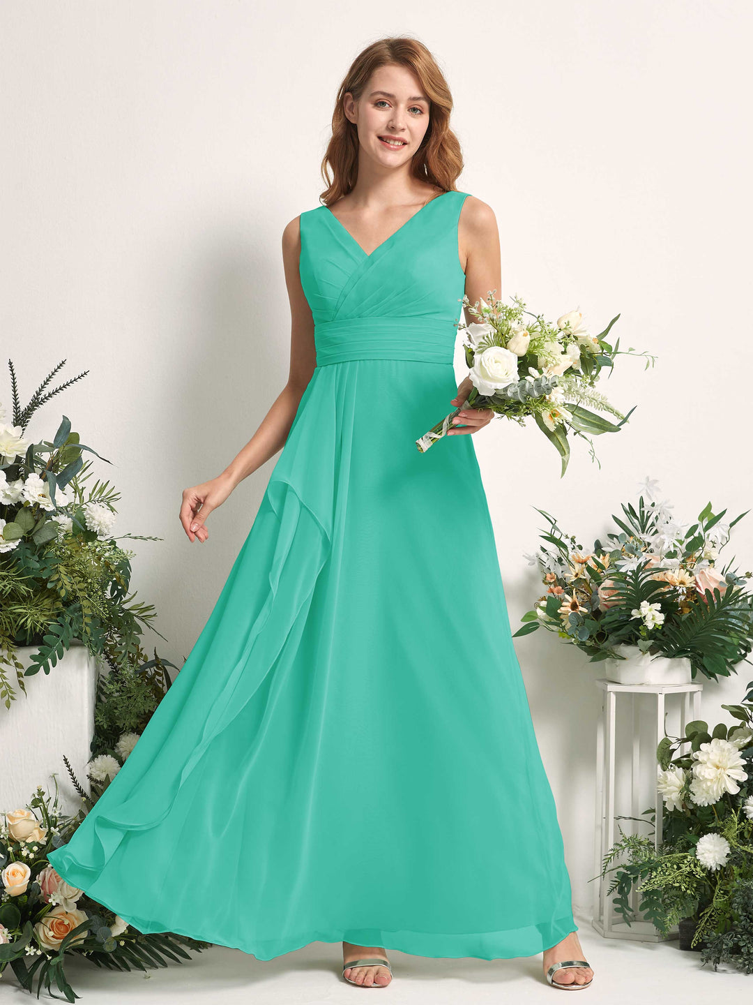 Carlyna A-Linien-Kleid mit V-Ausschnitt und Bodenlanges Brautjungfernkleid Tiffany-Blau 