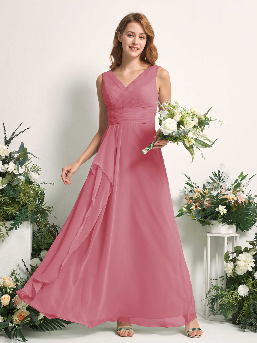 Carlyna A-Linien-Kleid mit V-Ausschnitt und Bodenlanges Brautjungfernkleid Wüstenrose 