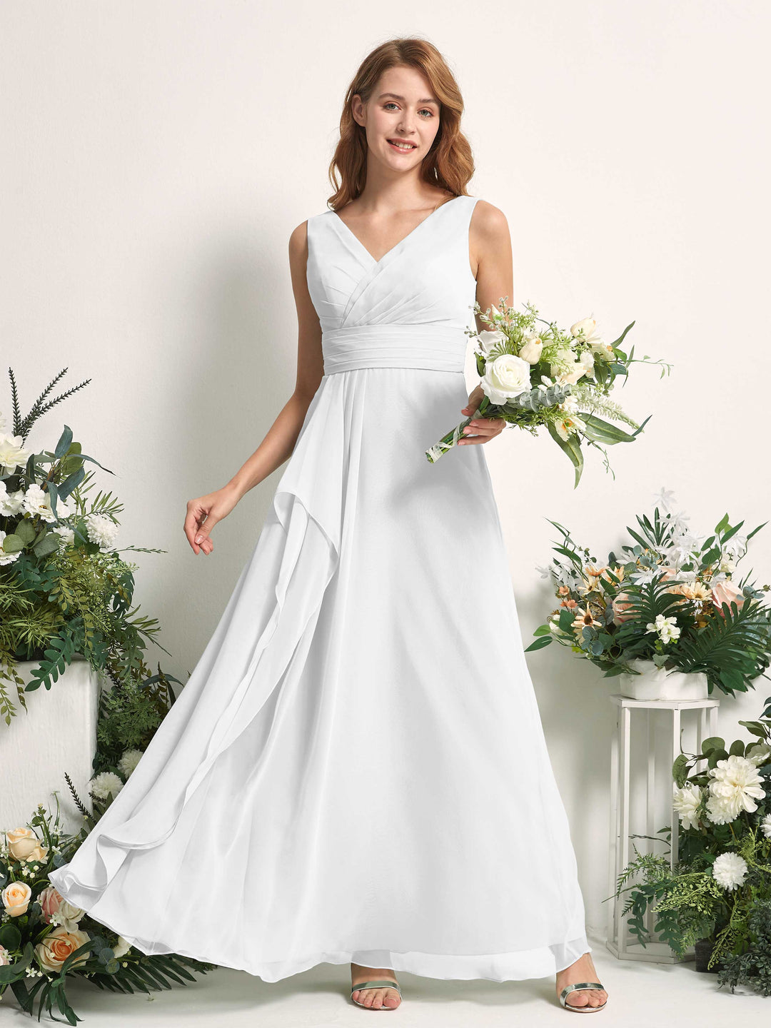Carlyna A-Linien-Kleid mit V-Ausschnitt und Bodenlanges Brautjungfernkleid Weiß 