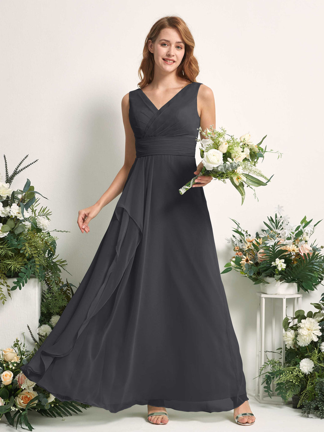 Carlyna A-Linien-Kleid mit V-Ausschnitt und Bodenlanges Brautjungfernkleid Zinnfarben 