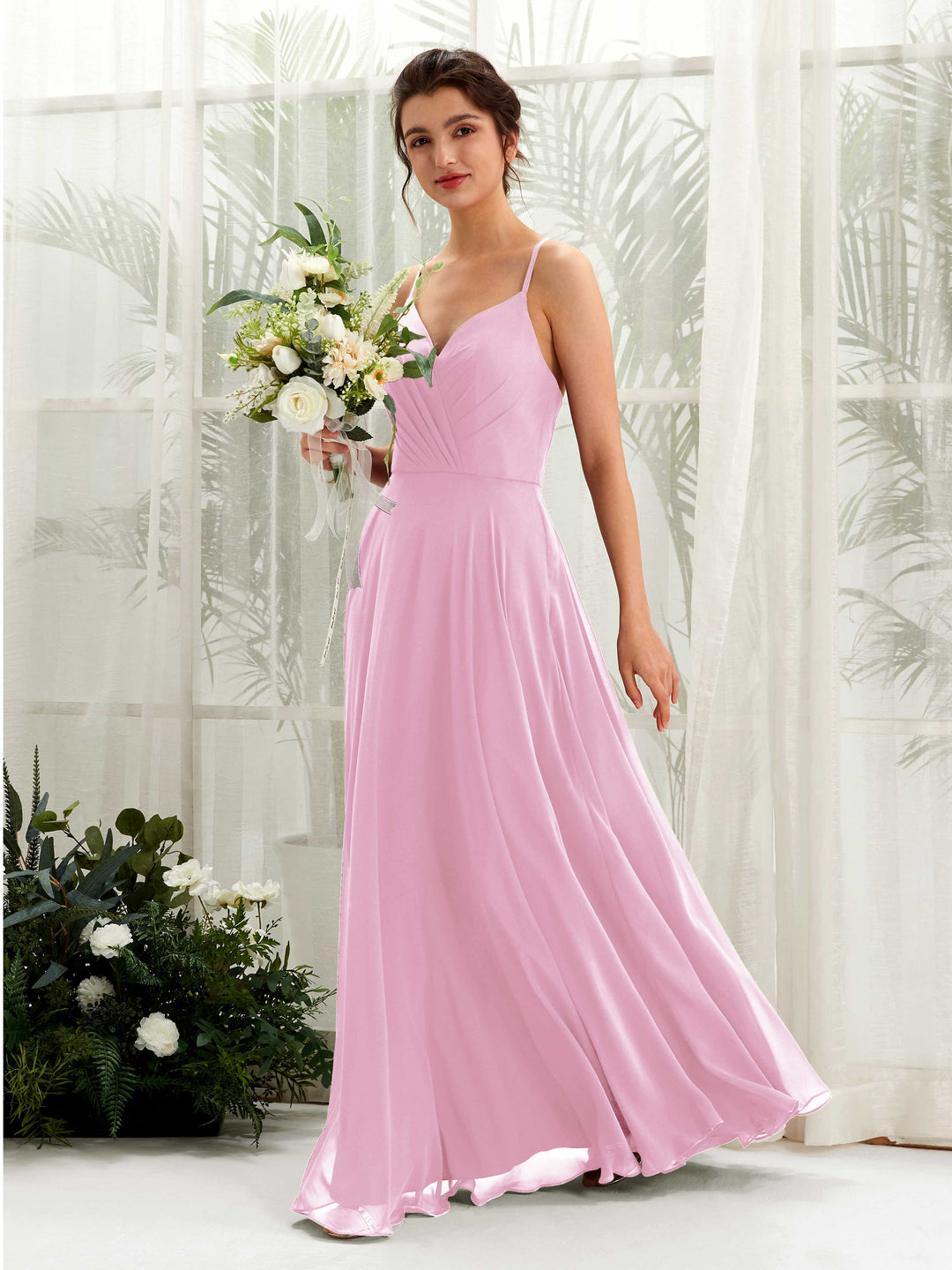 Carlyna A-Linien-Kleid mit V-Ausschnitt und Spaghettiträgern bodenlanges Brautjungfernkleid Bonbonrosa 