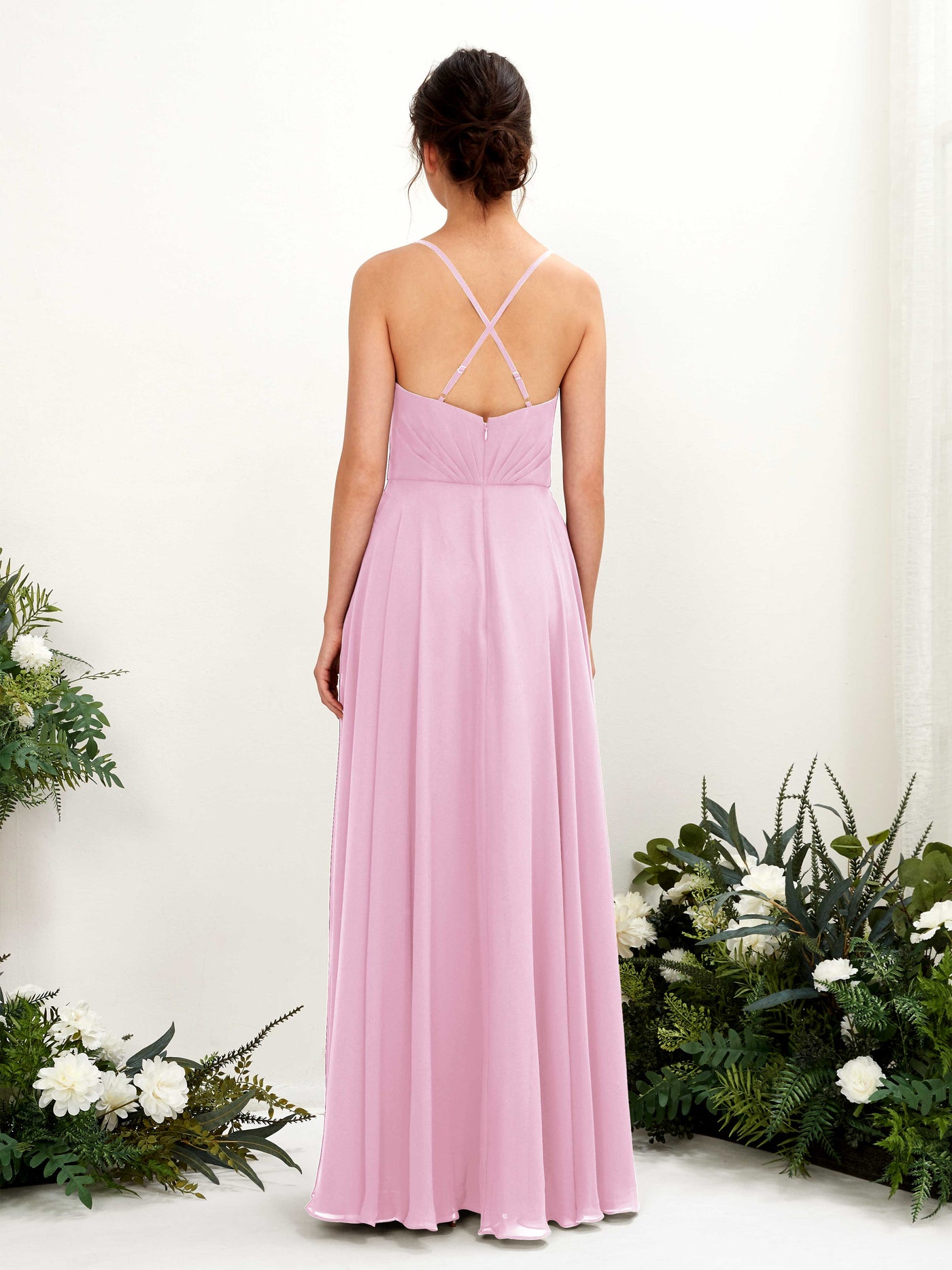 Carlyna A-Linien-Kleid mit V-Ausschnitt und Spaghettiträgern bodenlanges Brautjungfernkleid Bonbonrosa #farbe_bonbonrosa