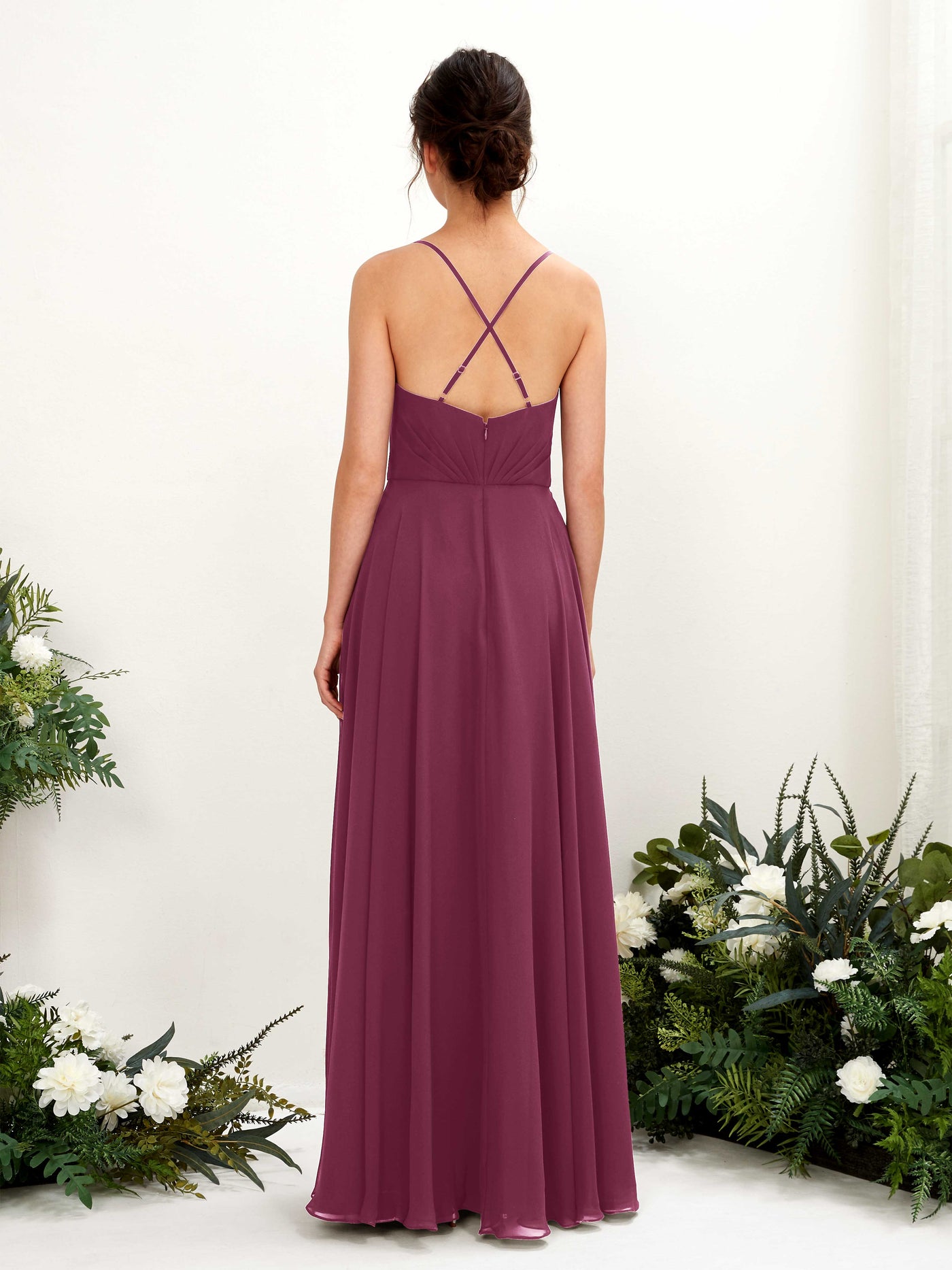 Carlyna A-Linien-Kleid mit V-Ausschnitt und Spaghettiträgern bodenlanges Brautjungfernkleid Chianti #farbe_chianti