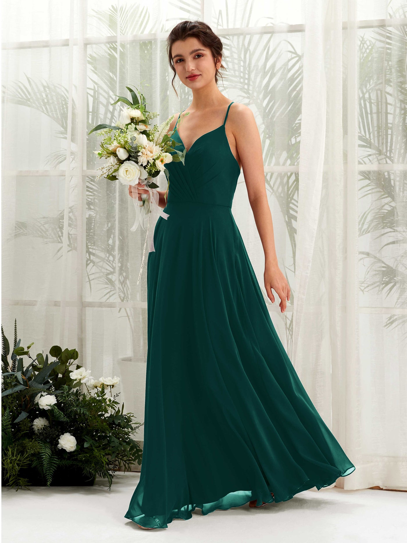 Carlyna A-Linien-Kleid mit V-Ausschnitt und Spaghettiträgern bodenlanges Brautjungfernkleid Dunkelsmaragd #farbe_dunkelsmaragd