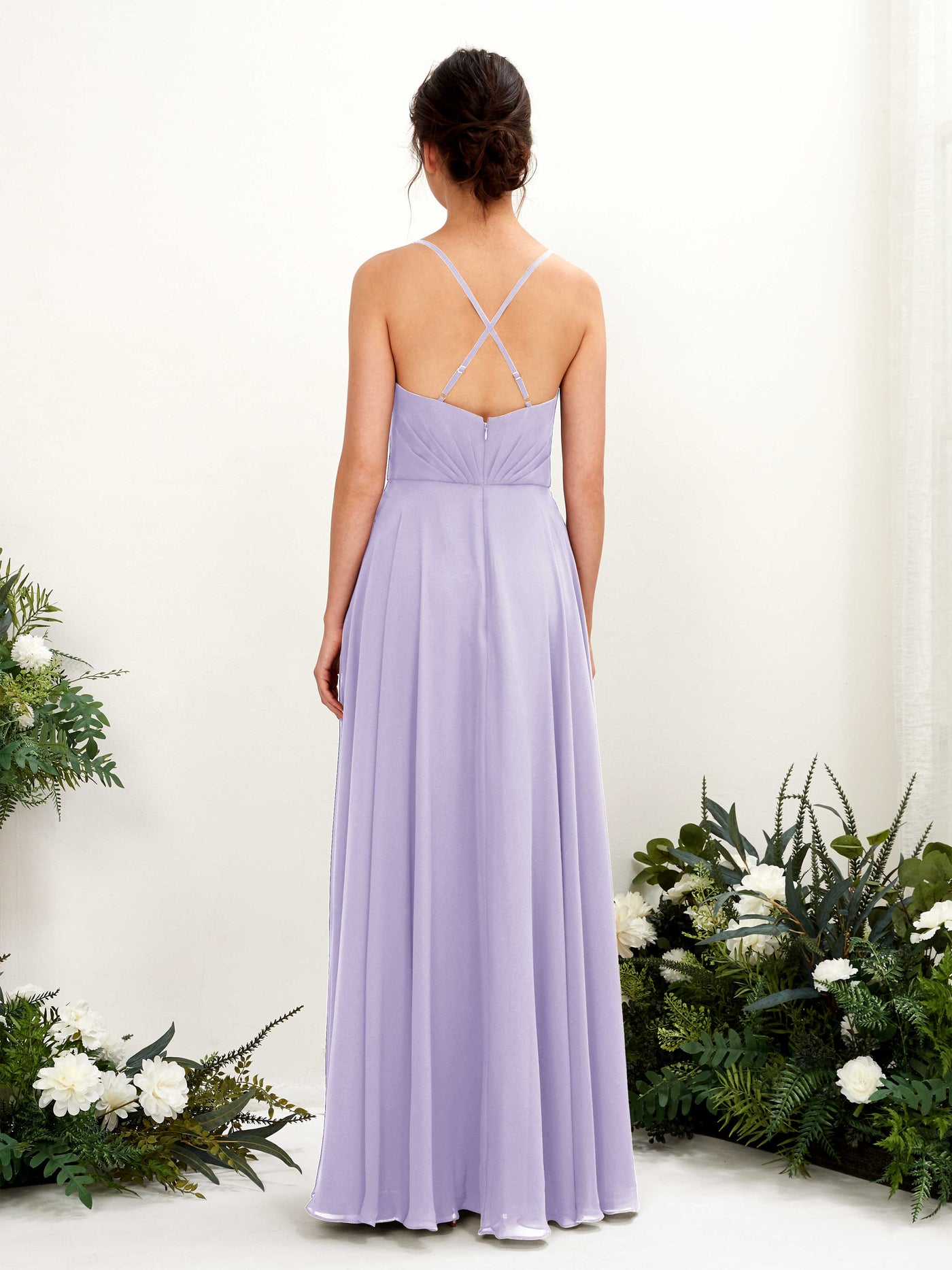 Carlyna A-Linien-Kleid mit V-Ausschnitt und Spaghettiträgern bodenlanges Brautjungfernkleid Flieder #farbe_flieder