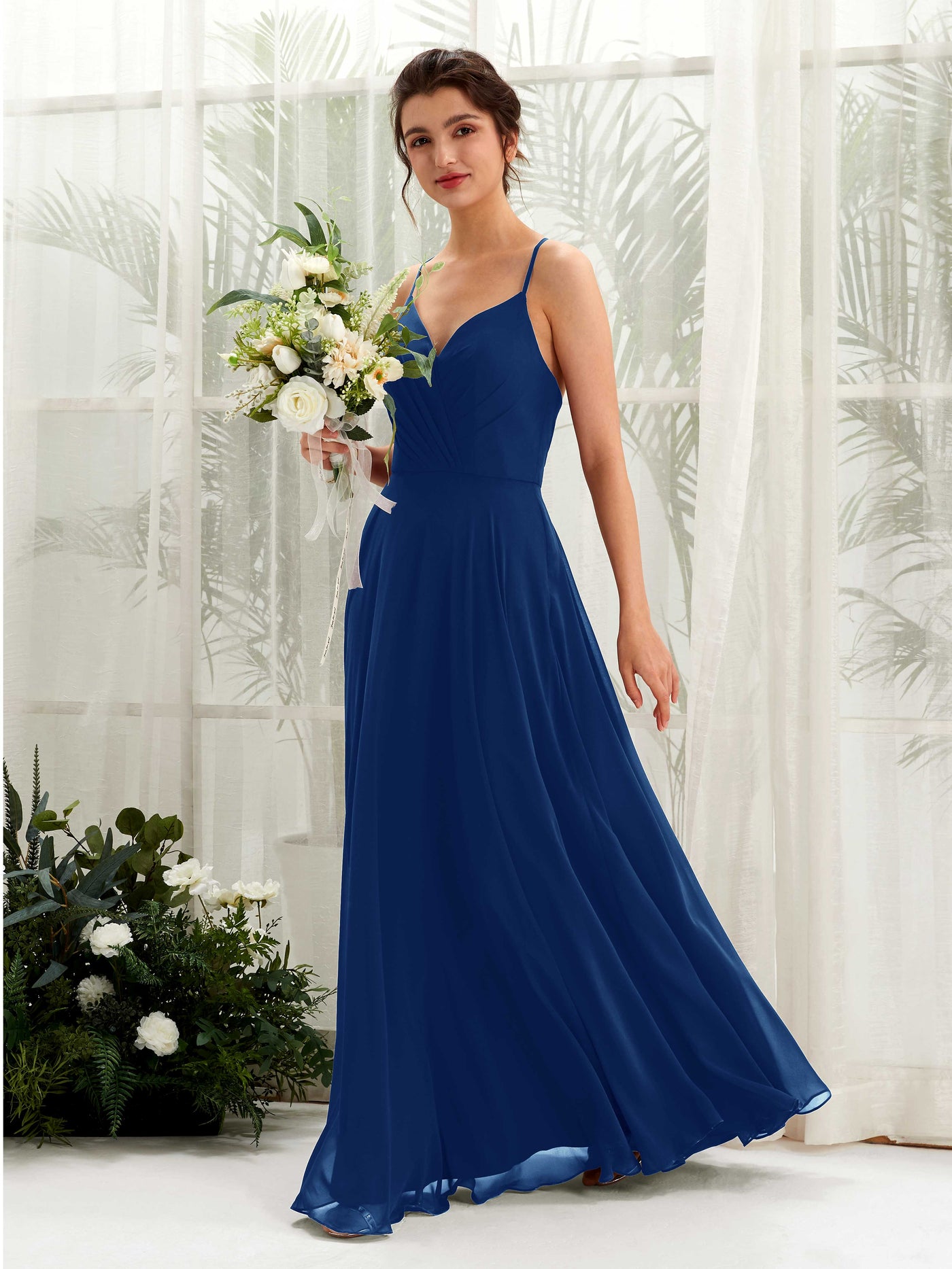 Carlyna A-Linien-Kleid mit V-Ausschnitt und Spaghettiträgern bodenlanges Brautjungfernkleid Königsblau #farbe_k-nigsblau