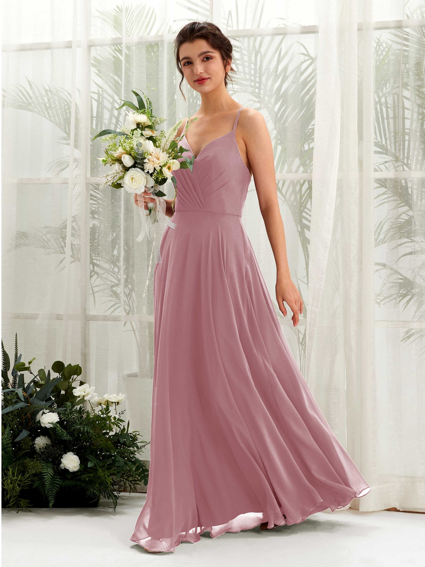 Carlyna A-Linien-Kleid mit V-Ausschnitt und Spaghettiträgern bodenlanges Brautjungfernkleid Klassisch Mauve #farbe_klassisch-mauve