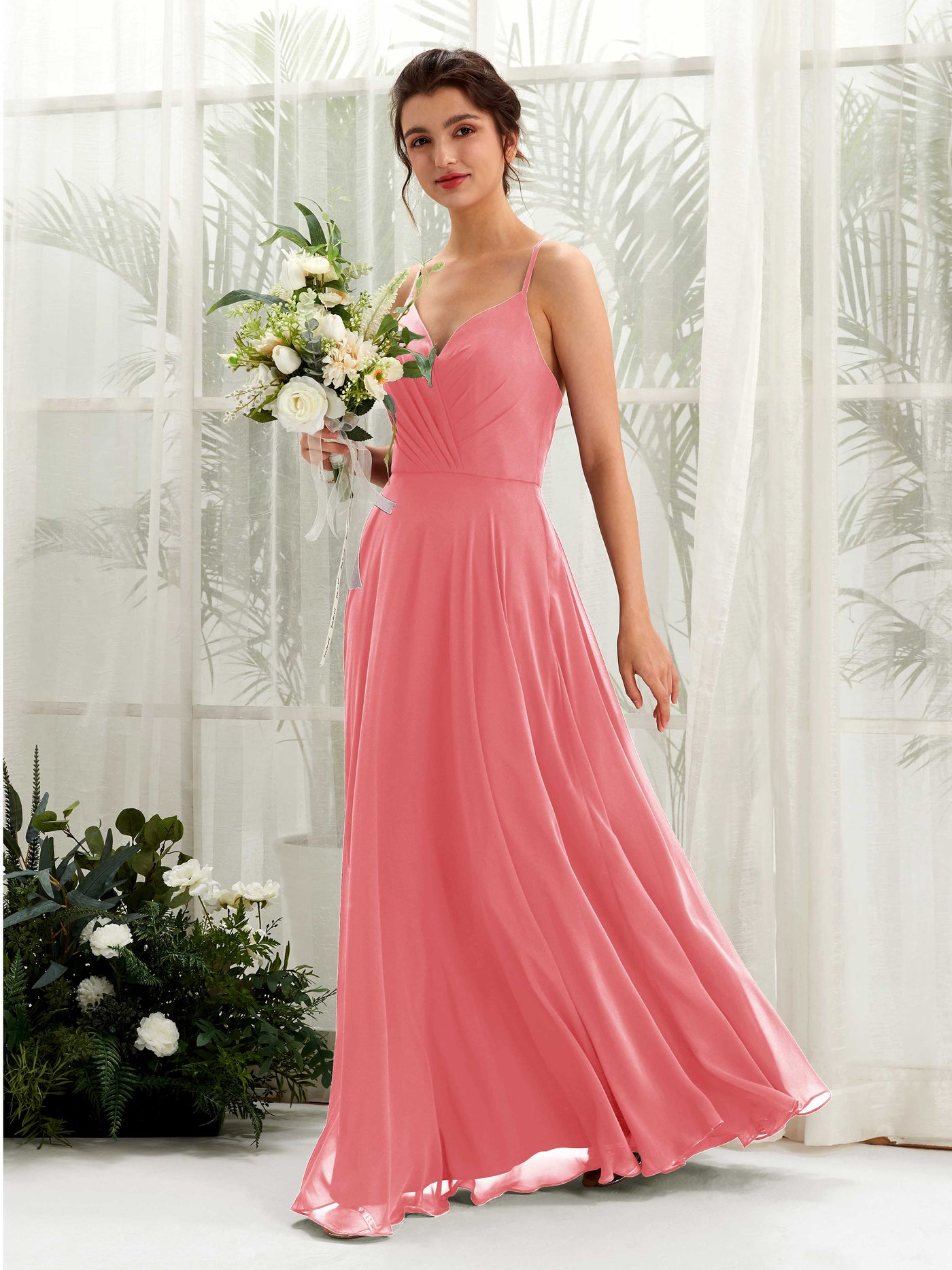 Carlyna A-Linien-Kleid mit V-Ausschnitt und Spaghettiträgern bodenlanges Brautjungfernkleid Korallenrosa #farbe_korallenrosa